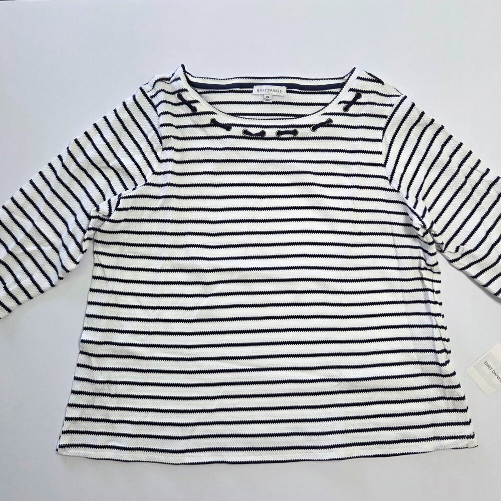 Emily Daniels 3/4 Sleeve Boat Neck Stripe Top, 2X, Midnight Blue/White, NWT